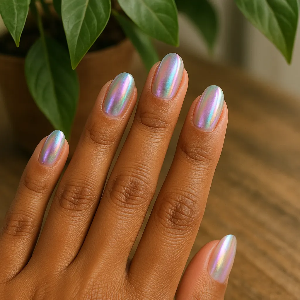 Medium oval nails in iridescent aurora chrome shifting pink, violet and teal, on warm tan skin near green leaves.