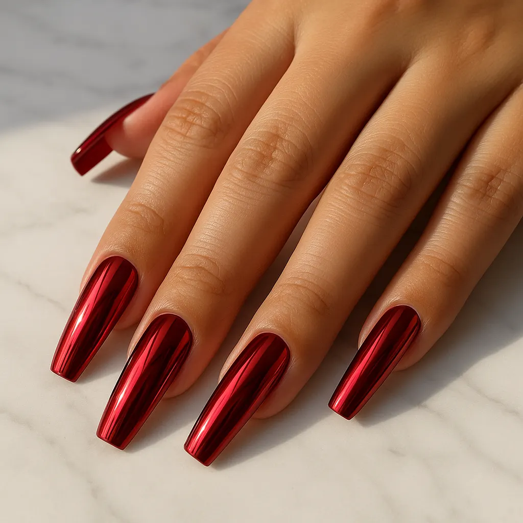 Long coffin nails in deep red mirror chrome, on light Filipino skin resting on white marble.
