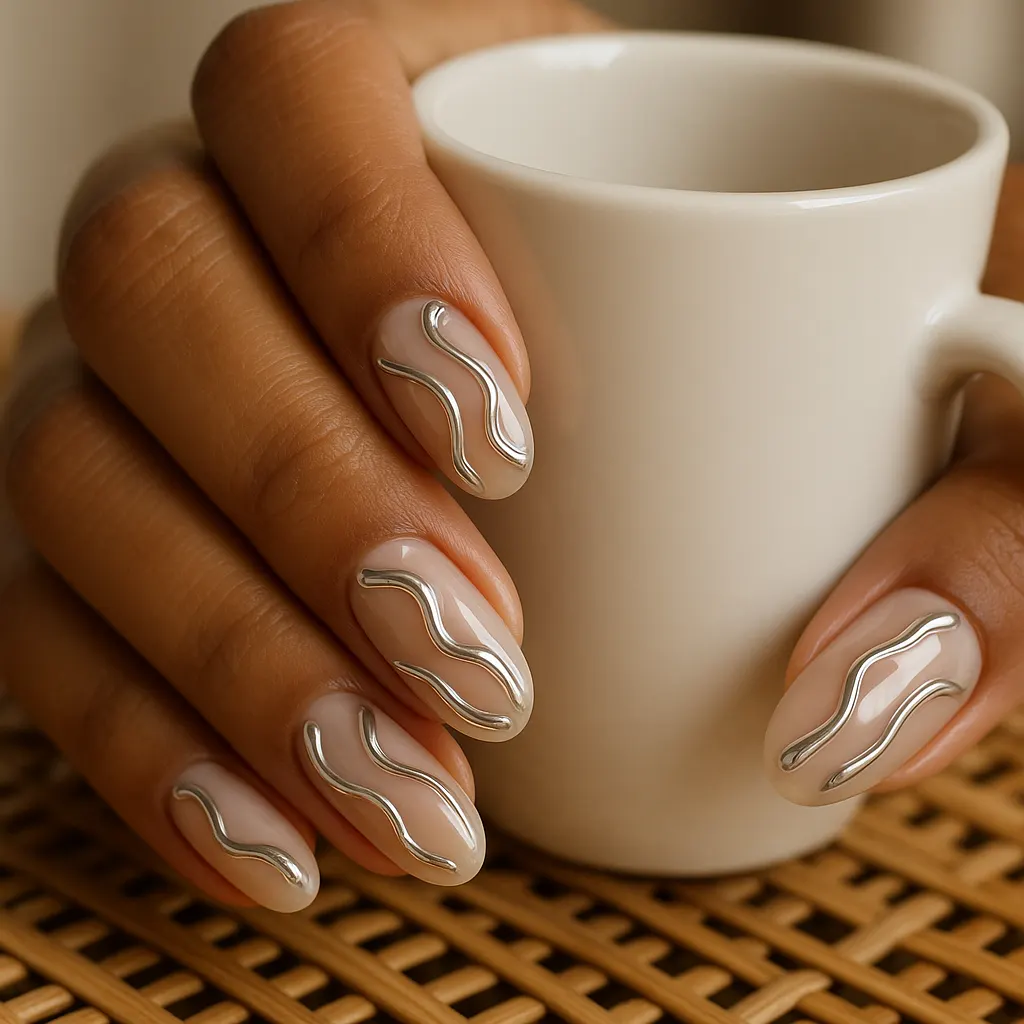 Medium oval nails in milky nude with raised wavy silver chrome lines, on morena skin holding a white mug.