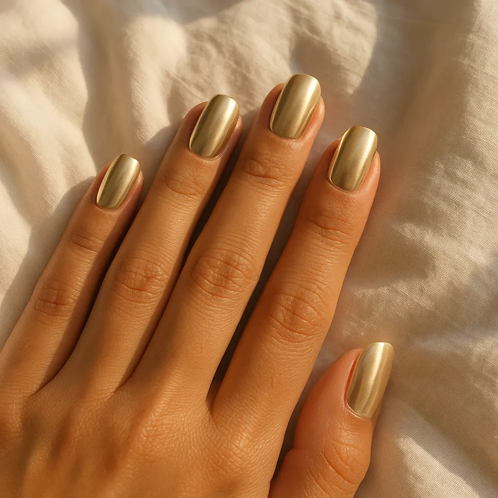 Medium squoval nails in pale champagne gold mirror chrome, on light Filipino skin on white linen in warm light.