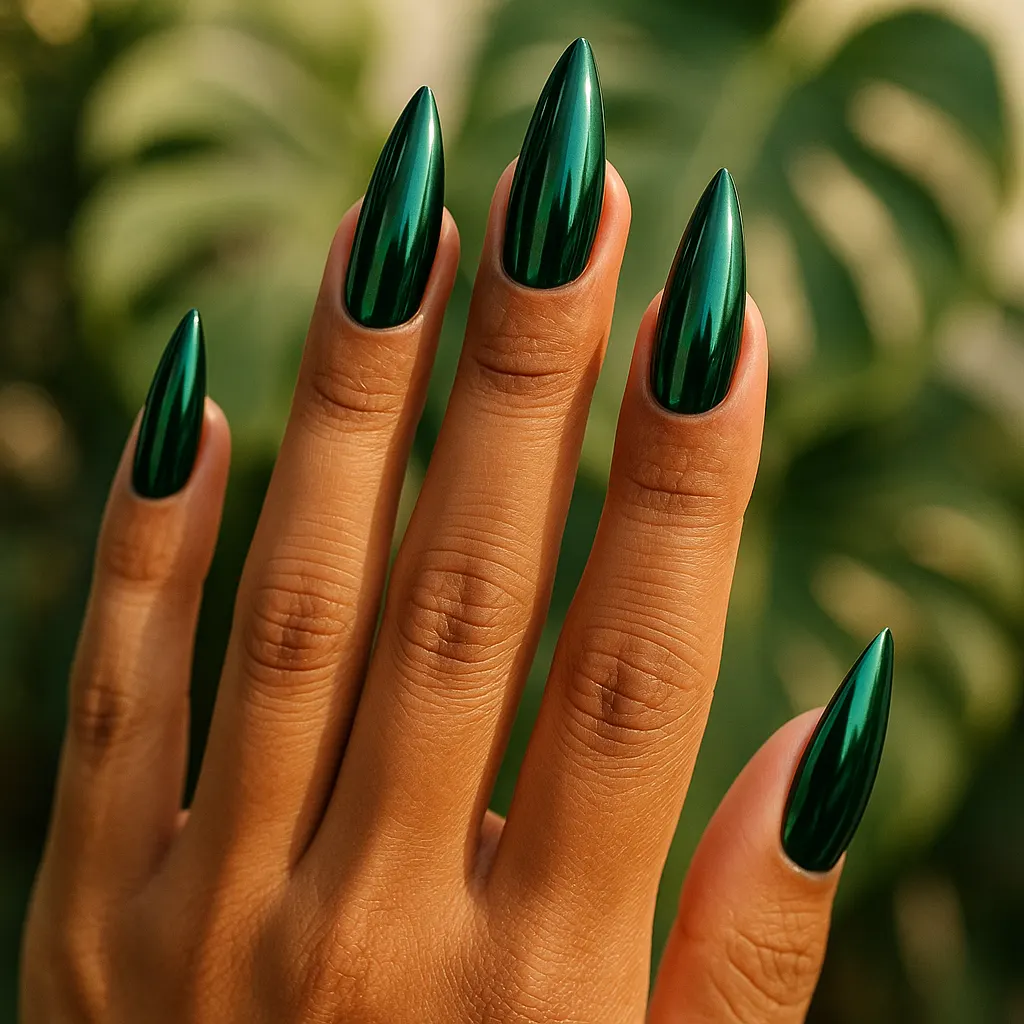 Long stiletto nails in deep emerald green mirror chrome, on warm tan skin against blurred monstera leaves.