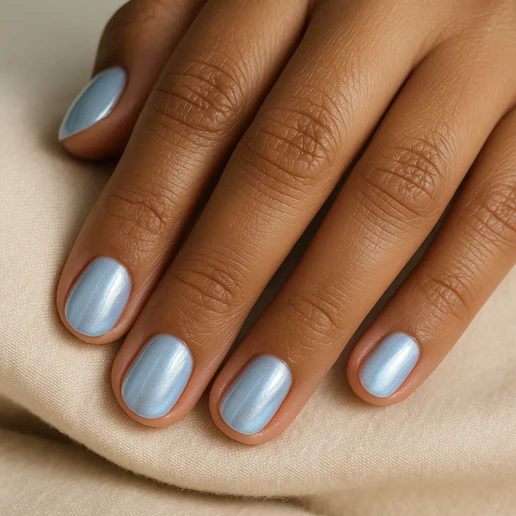 Short round nails in powder blue with a pearly chrome sheen, on kayumanggi skin resting on a cream cushion.