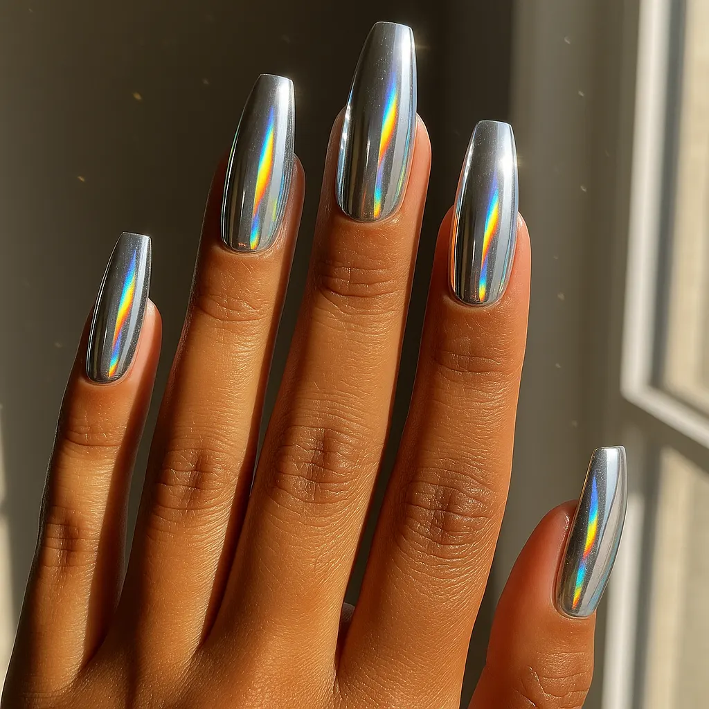 Long coffin nails in silver holographic chrome throwing rainbow reflections, on morena skin in bright window light.