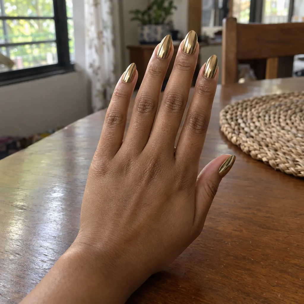 Medium almond nails in a mirror-gold chrome finish.