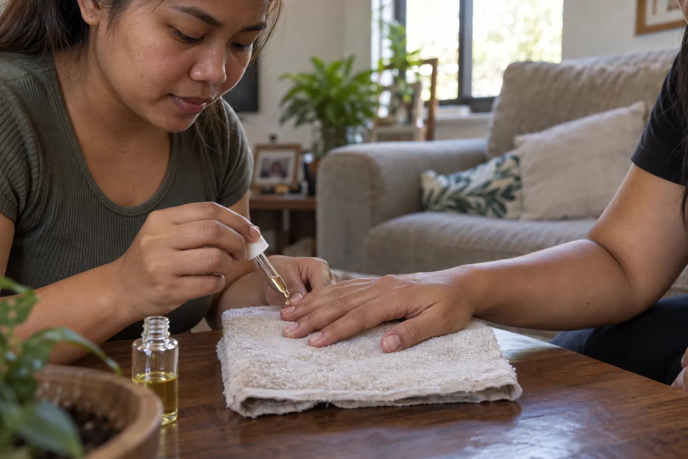 Cuticle oil applied to bare nails after a removal.