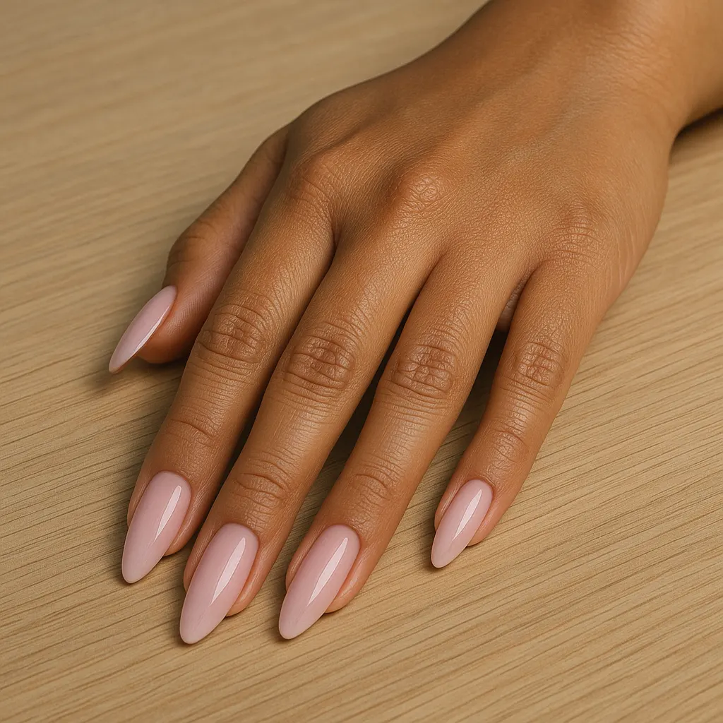 Long almond nails in soft glossy baby pink on warm tan skin, the hand flat on a light oak table.