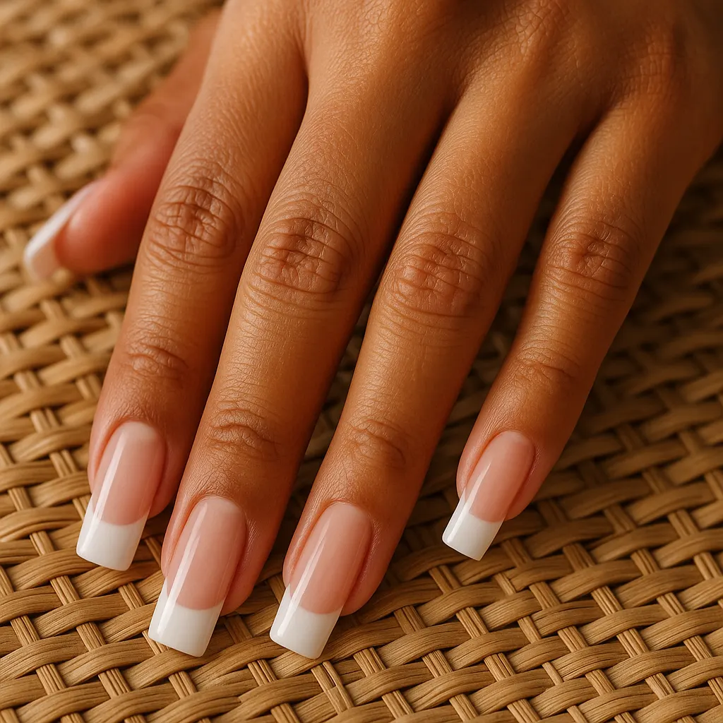 Long square nails with a sheer pink base and crisp white French tips on morena skin over a woven rattan mat.