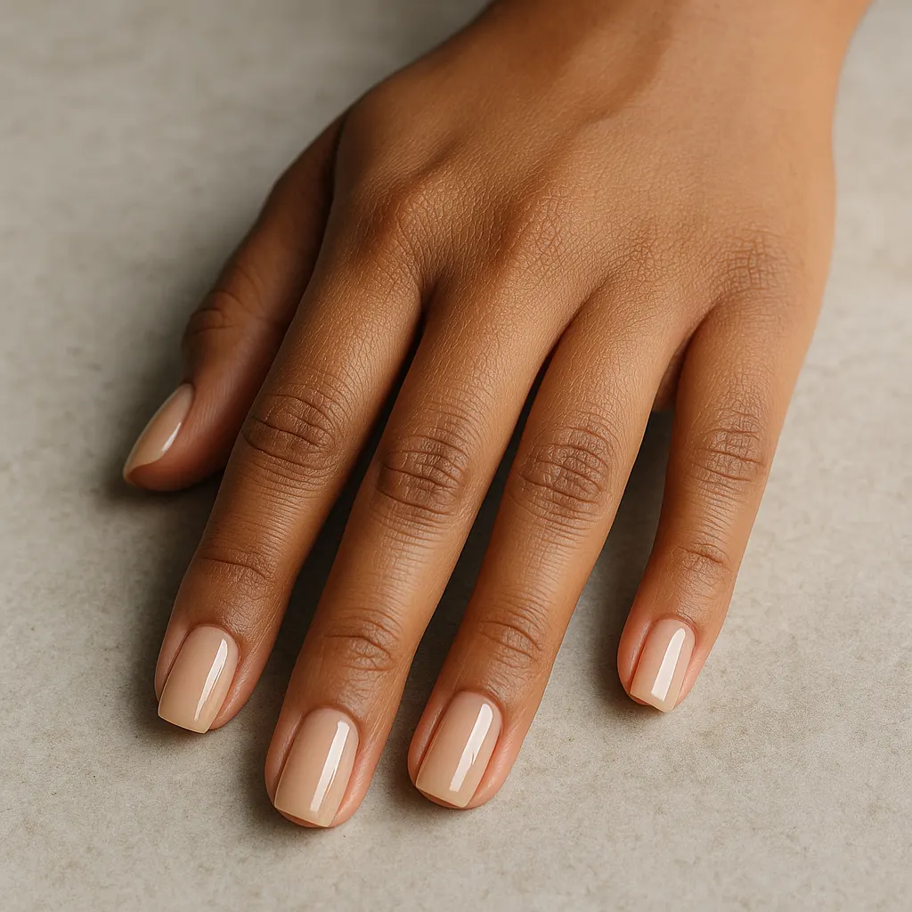 Short square nails in glossy beige nude on warm tan skin, the hand resting on pale grey stone.