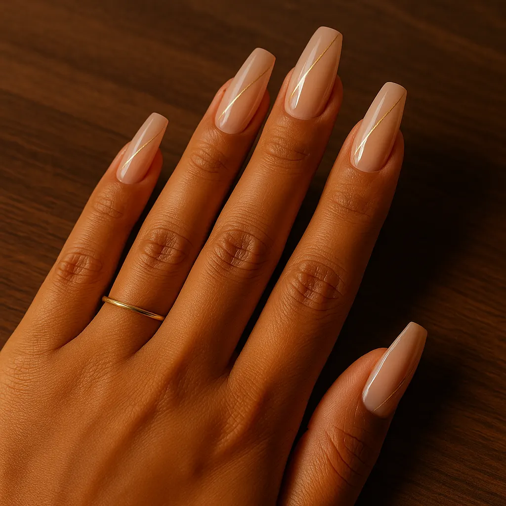 Long coffin nails in glossy nude with one thin diagonal gold line on each, on morena skin over a dark wooden table, with a thin gold ring.