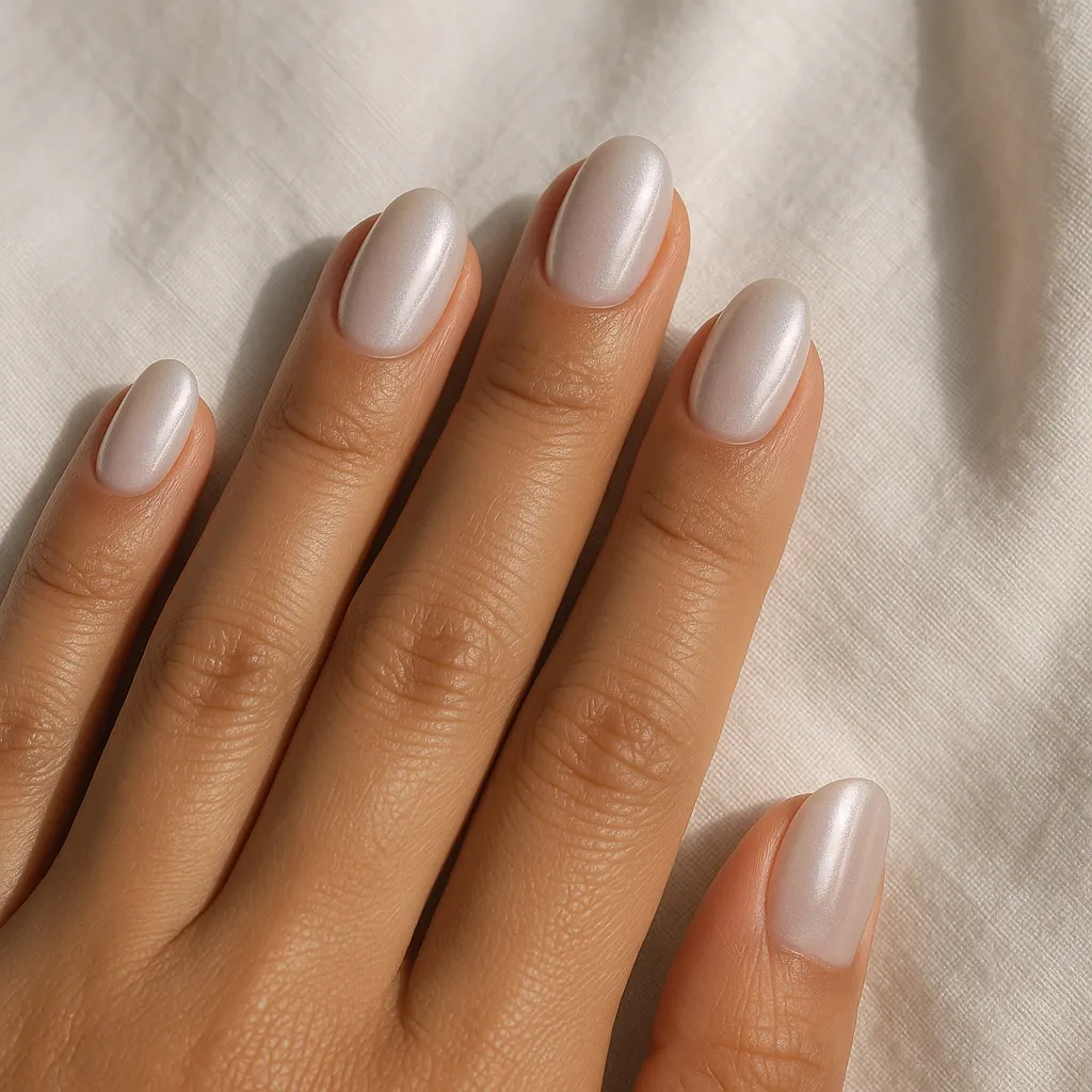 Short oval nails in soft white pearl chrome on warm tan skin, the hand on white cotton.