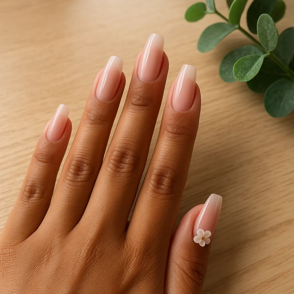 Long coffin nails in sheer pink nude with a small white 3D flower on the thumb, on warm tan skin over a light wood table with eucalyptus.