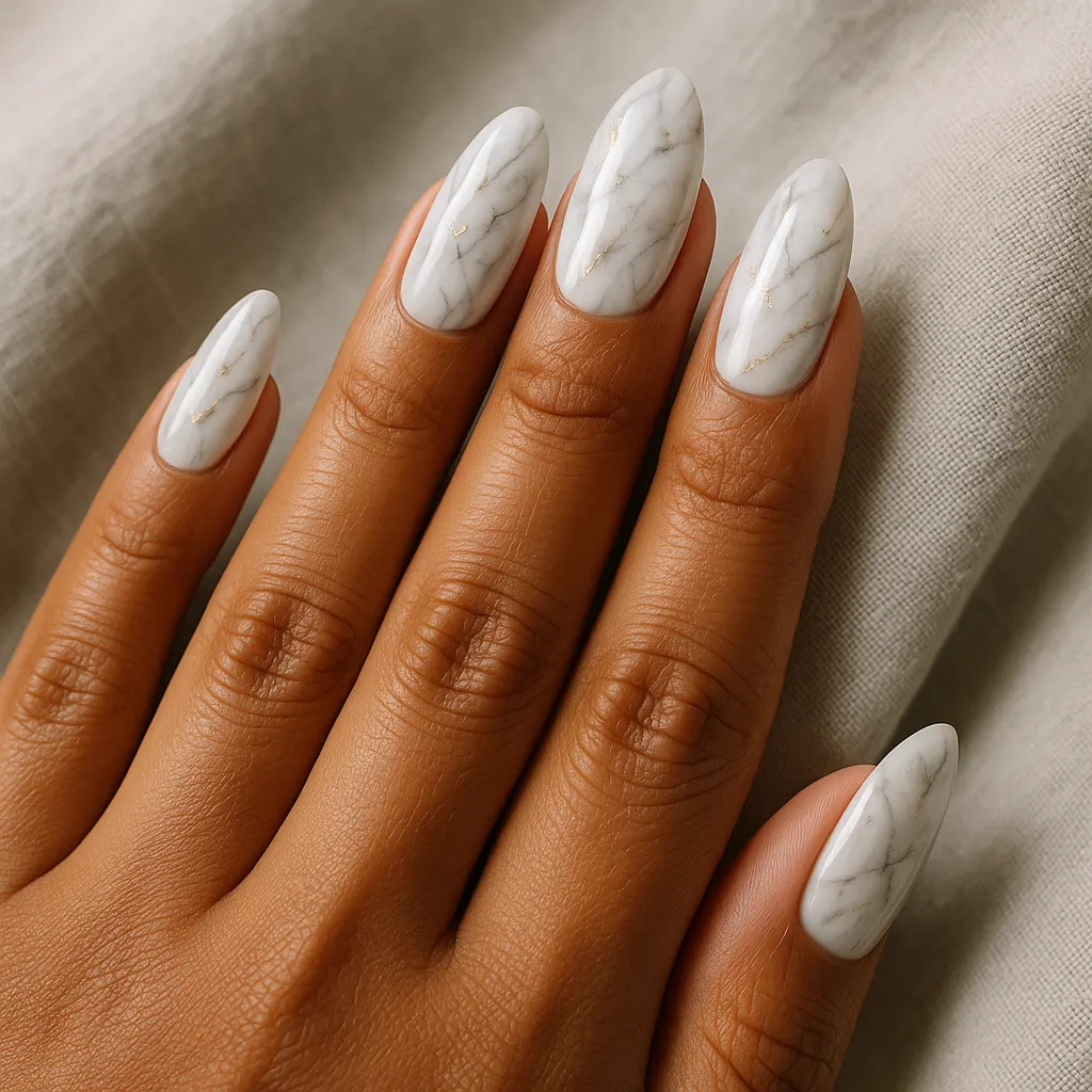 Medium almond nails in white marble with grey veins and fine gold flecks, on morena skin over beige linen.