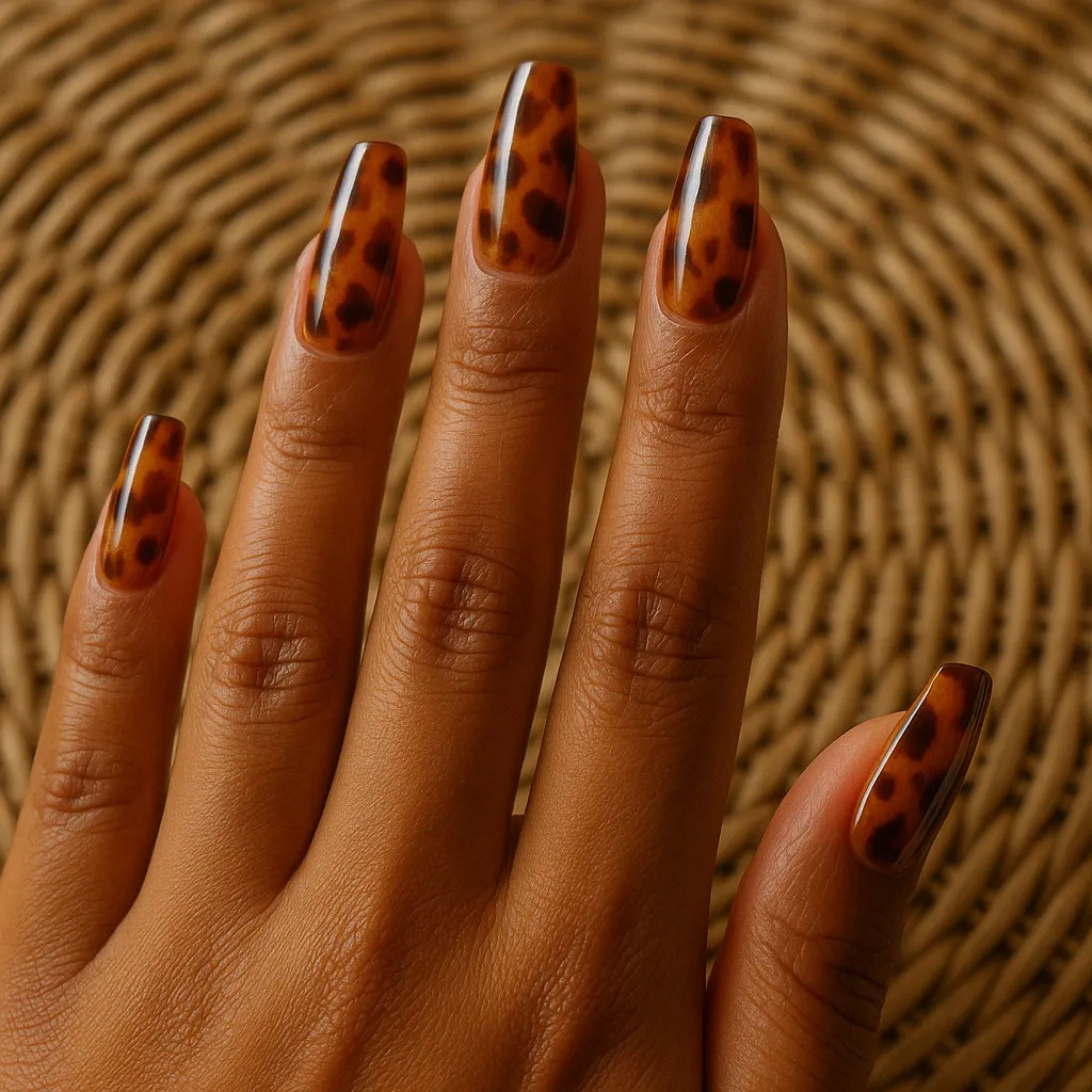 Medium coffin nails in glossy amber tortoiseshell with dark brown spots, on warm tan skin over a woven rattan mat.