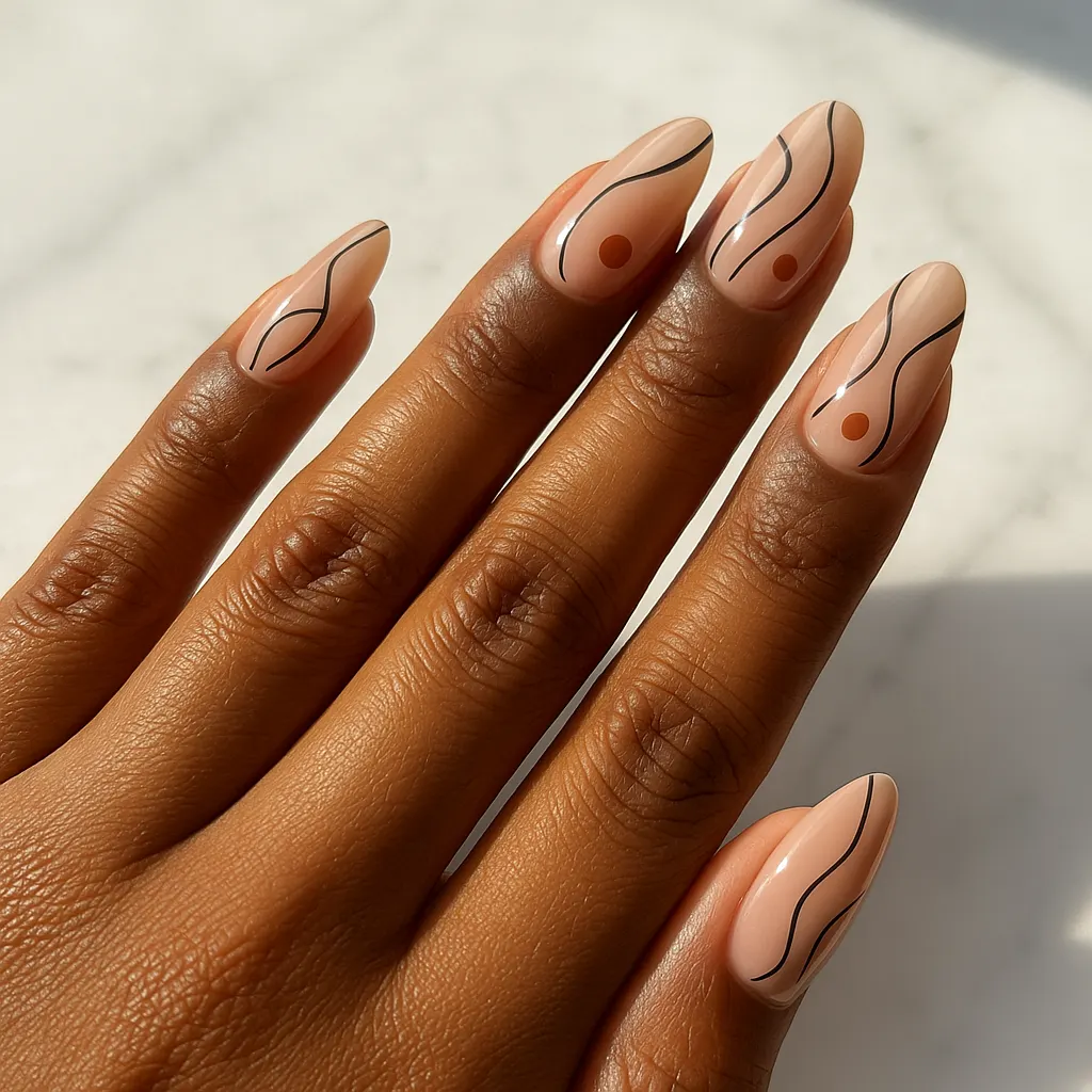 Medium almond nails in sheer nude with thin black wavy lines and small terracotta dots, on deep brown kayumanggi skin in bright sunlight.