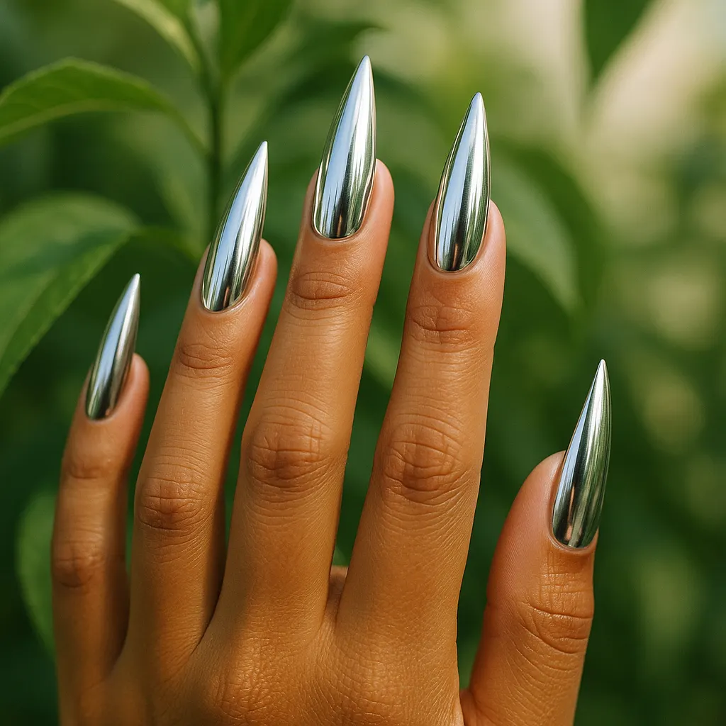 Long stiletto nails in mirror silver chrome on warm tan skin, the hand raised in front of green leaves.