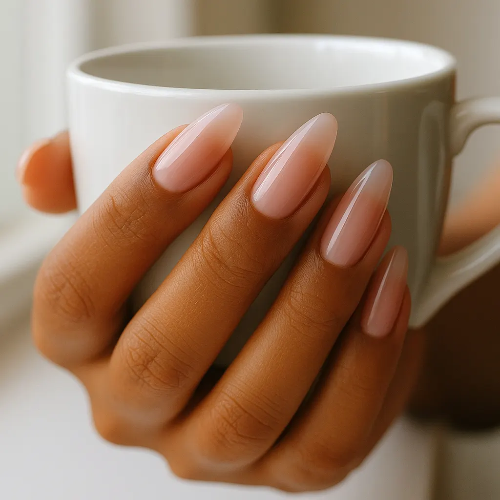 Medium almond nail extensions in sheer glossy pink, on warm tan skin, the fingers around a white ceramic cup by a bright window.