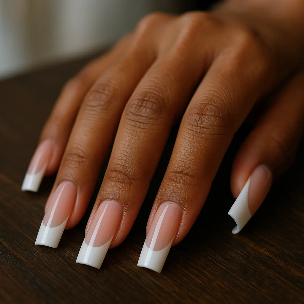 Long square nail extensions in sheer pink-beige with crisp white French tips, on medium brown skin, the hand resting on a dark wooden table.