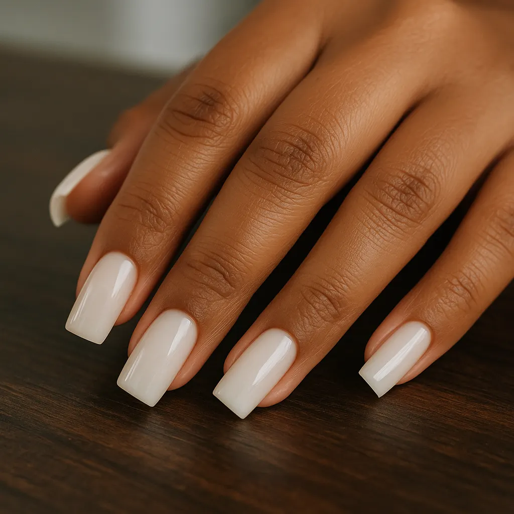 Medium square nail extensions in glossy milky white, on morena skin, the hand resting on a dark wooden table.