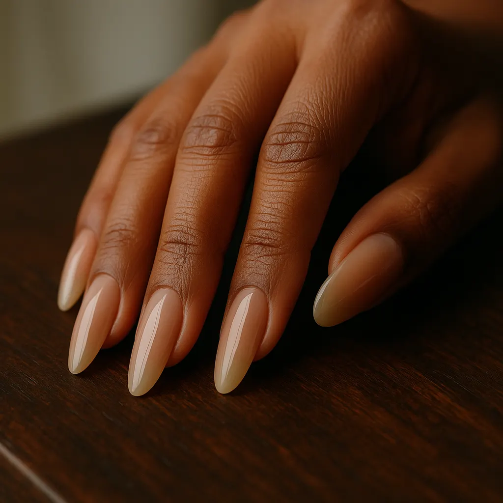 Long almond nail extensions in sheer glossy beige, on kayumanggi skin, the hand resting on a dark wooden table.