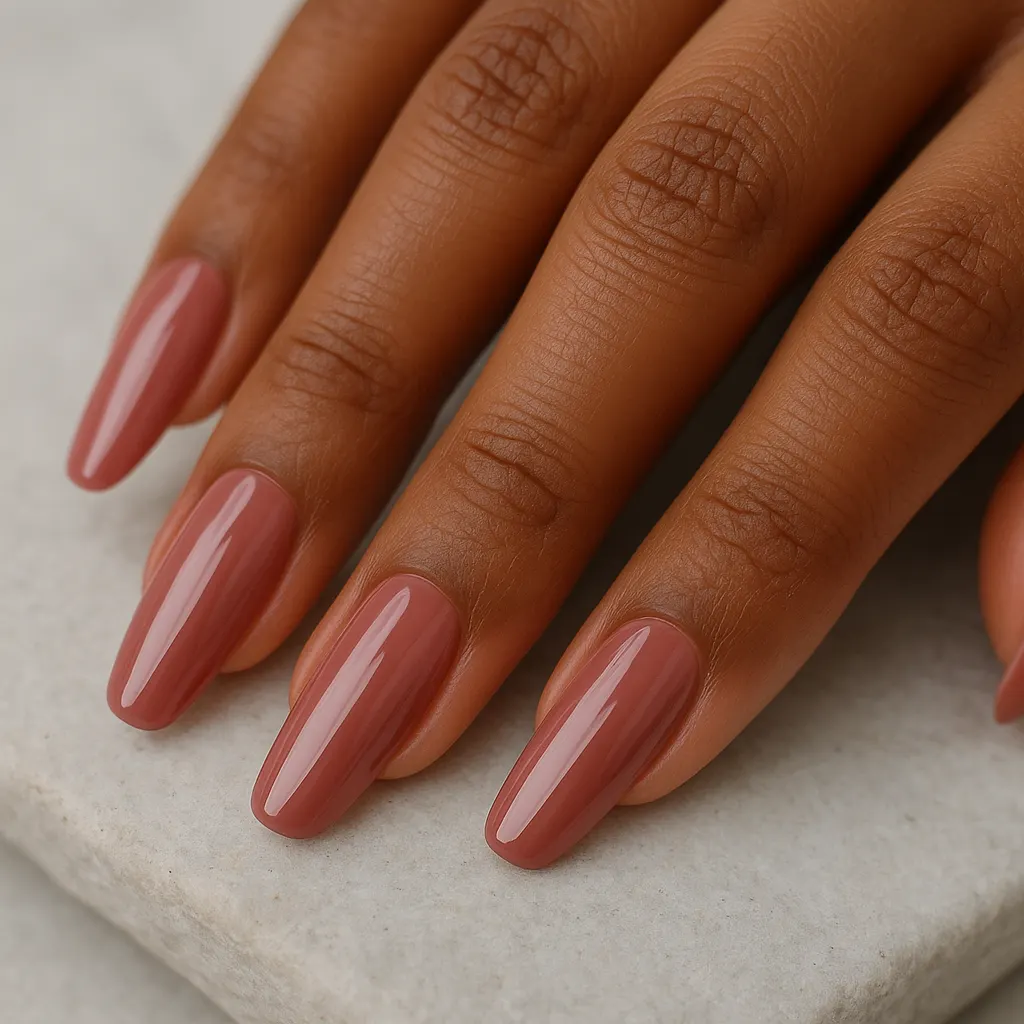 Long almond nail extensions in glossy dusty rose, on morena skin, the hand resting on pale grey stone.