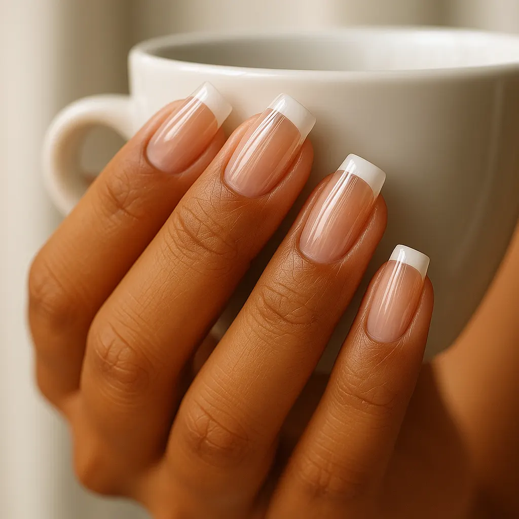 Short square nail extensions in sheer pink with a thin white French tip, on warm tan skin, the fingers around a white ceramic cup.