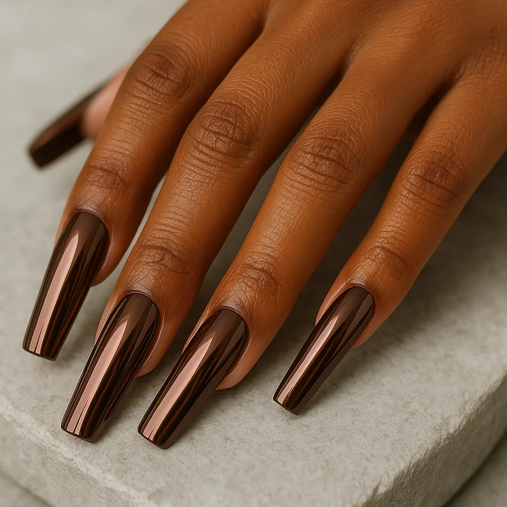 Long coffin nail extensions in mirror chocolate brown chrome, on kayumanggi skin, the hand resting on pale grey stone.