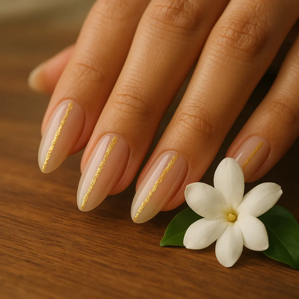 Medium almond nail extensions in sheer beige with a thin line of gold leaf running down each nail, on light mestiza skin, beside a sampaguita flower on a wooden table.