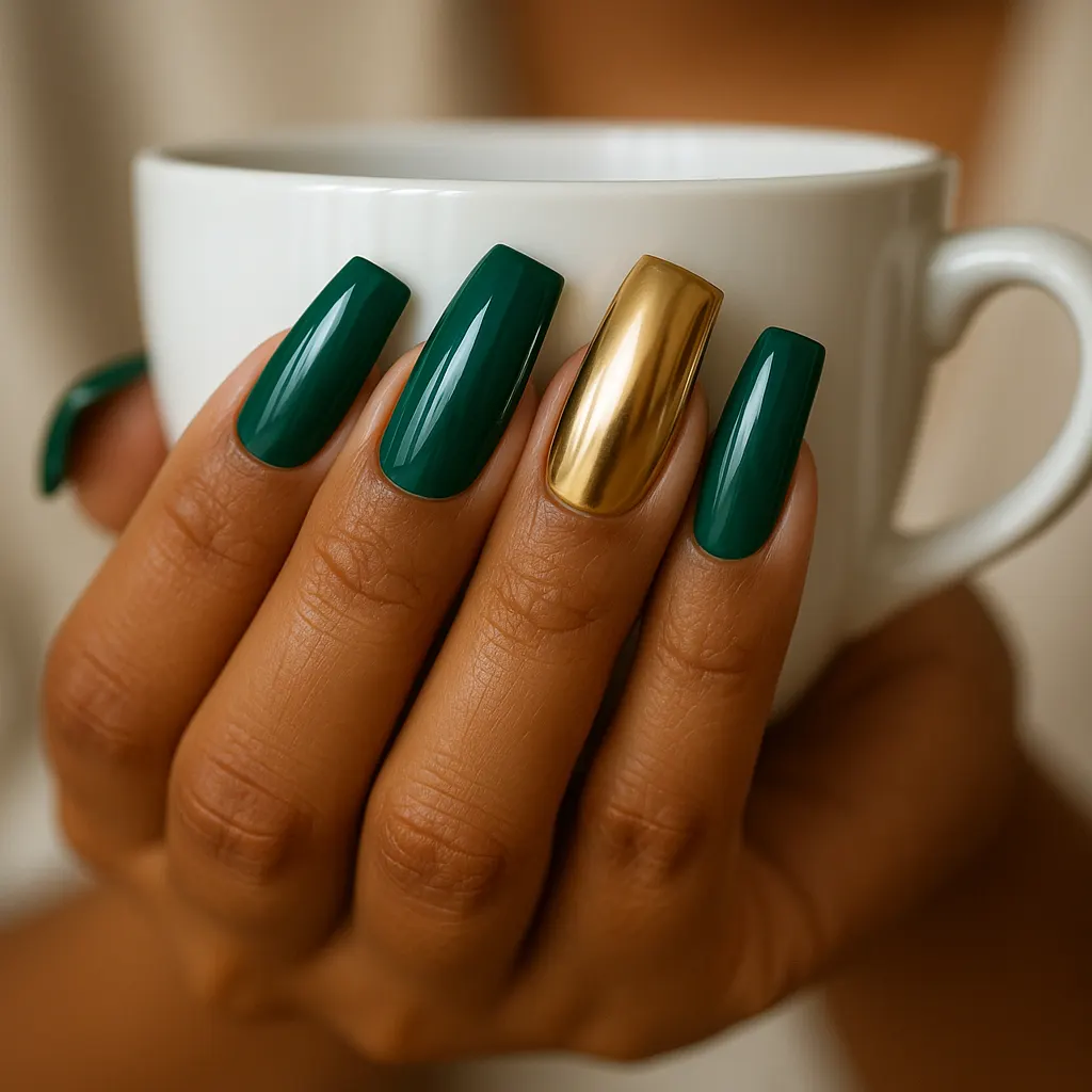 Medium square nail extensions in glossy emerald green, the ring finger in mirror gold chrome, on morena skin, the fingers around a white ceramic cup.
