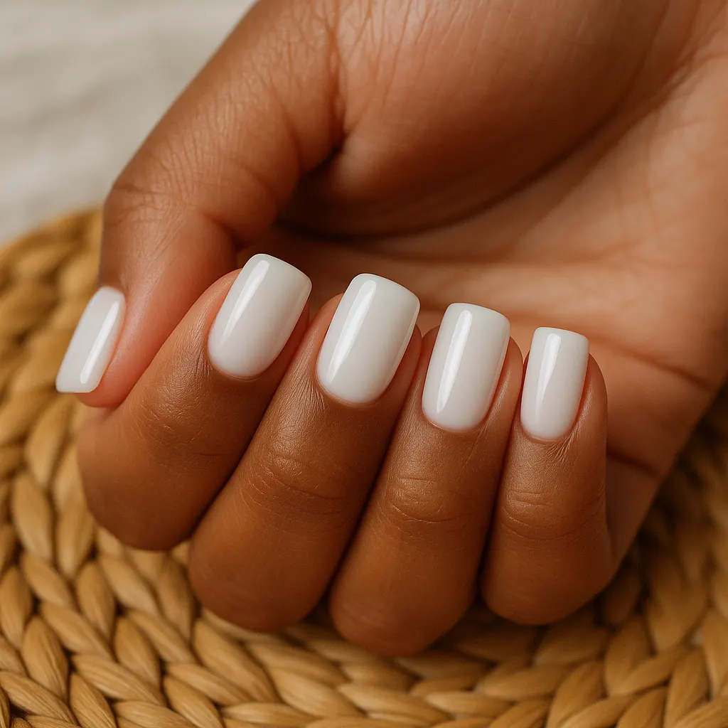 Short square soft gel extensions in glossy milky white, on morena skin, the fingers curled over a woven rattan mat.