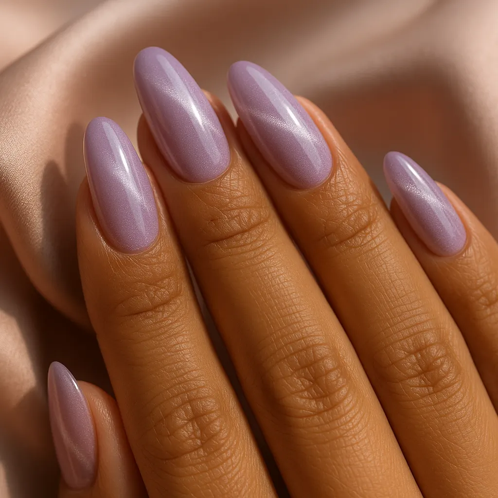 Medium almond soft gel extensions in lilac cat eye gel with a soft diagonal shimmer band, on warm tan skin over blush satin.