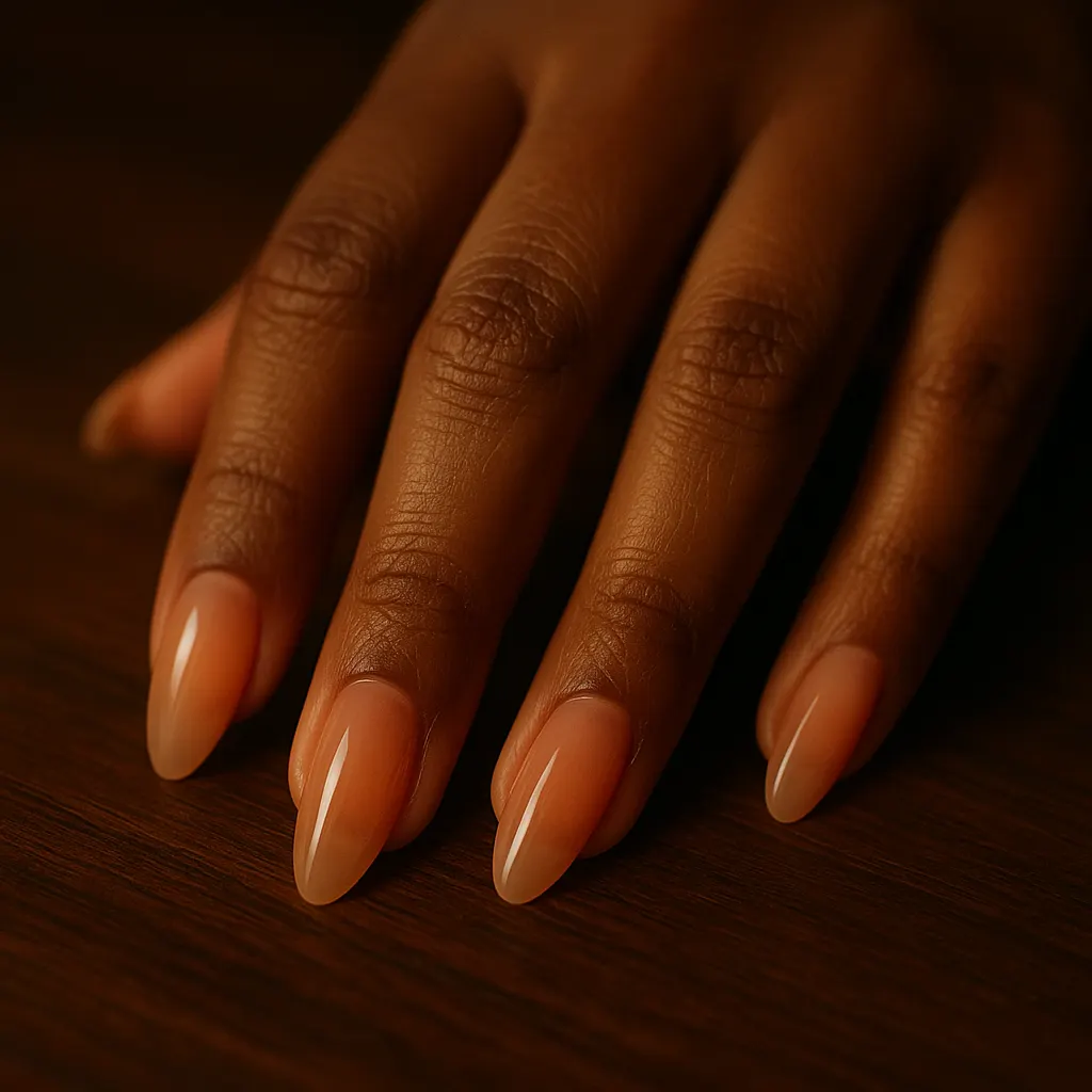 Medium almond soft gel extensions in sheer peach jelly, on medium brown skin, the hand resting on a dark wooden table in low warm light.