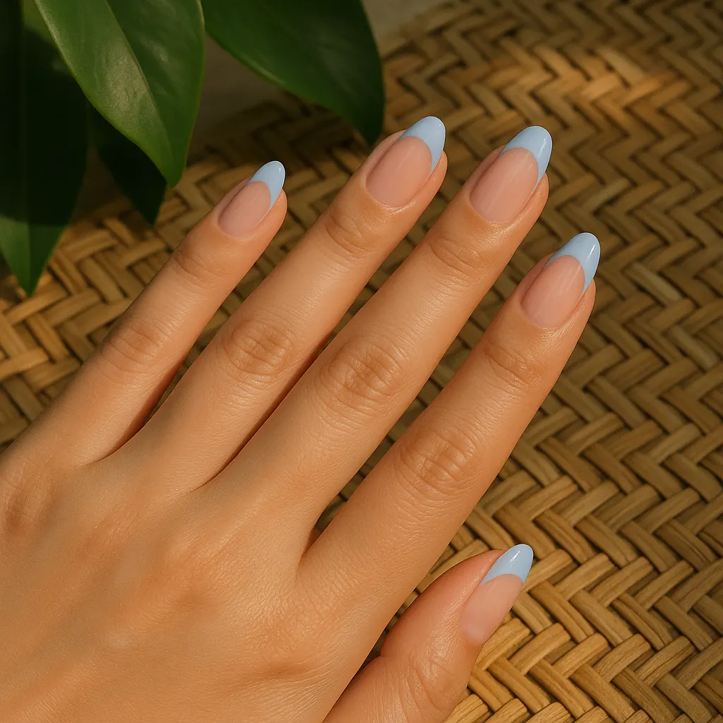 Medium almond nails with a sheer nude base and soft baby blue French tips on light mestiza skin, resting on rattan beside green leaves.