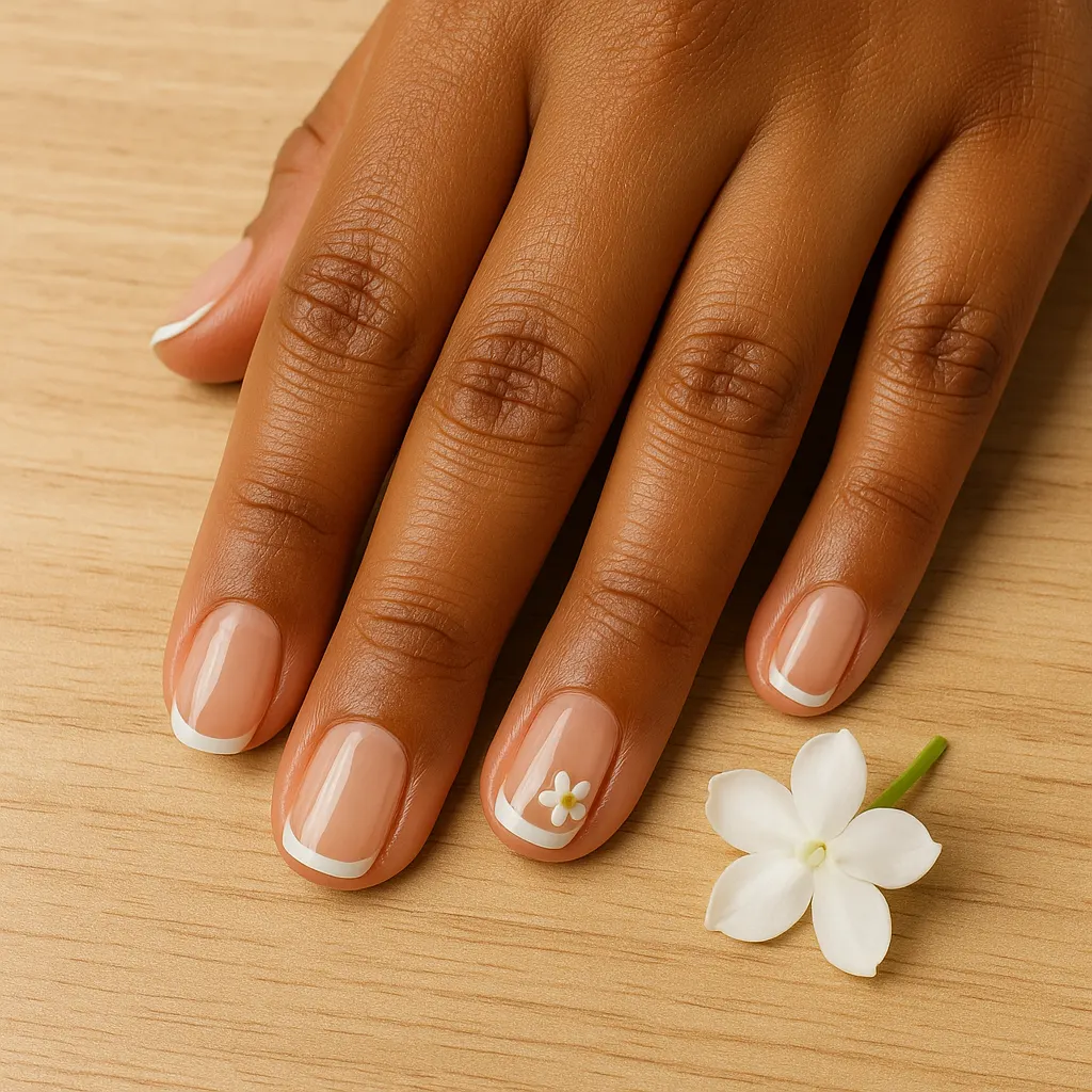 Short round nails with thin white French tips on morena skin, one nail with a tiny white flower, beside a sampaguita bloom on a wooden table.