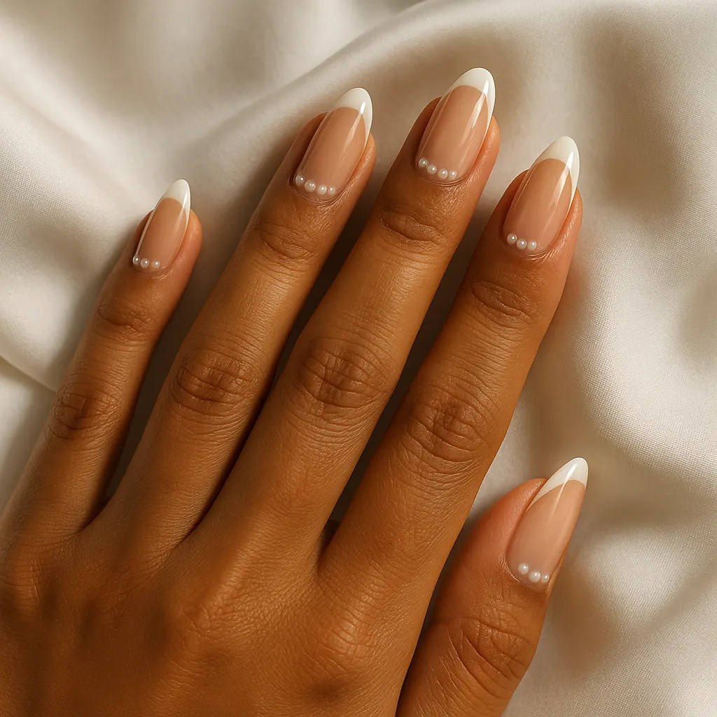Medium almond nails with thin white French tips and a small row of tiny pearls near the cuticle on each nail, on warm tan skin over white satin.