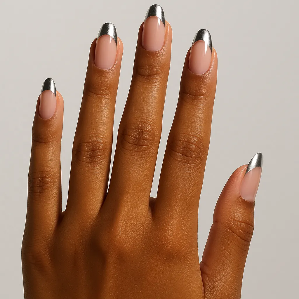 Medium almond nails, a sheer pink base with a mirror silver chrome tip, on medium brown skin, the hand raised against a light grey wall.