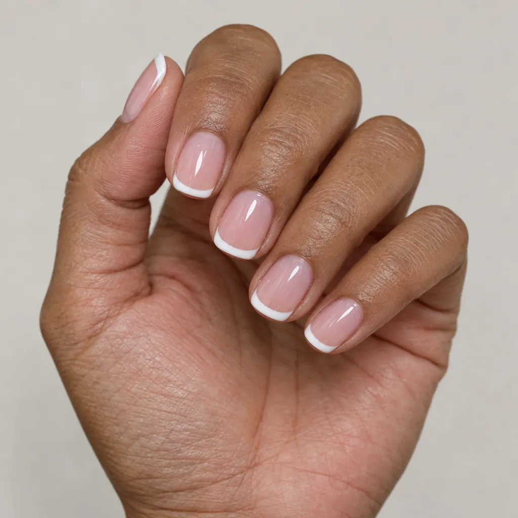 Short squoval nails, a sheer pink base with a crisp white tip, on warm brown skin.