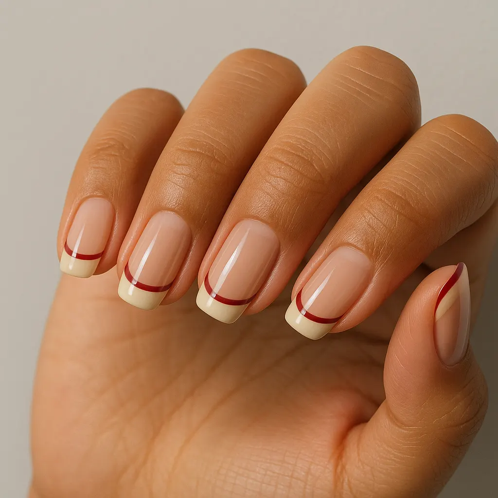 Medium squoval nails with a cream tip above a thin deep red line, on warm tan skin against a light grey background.