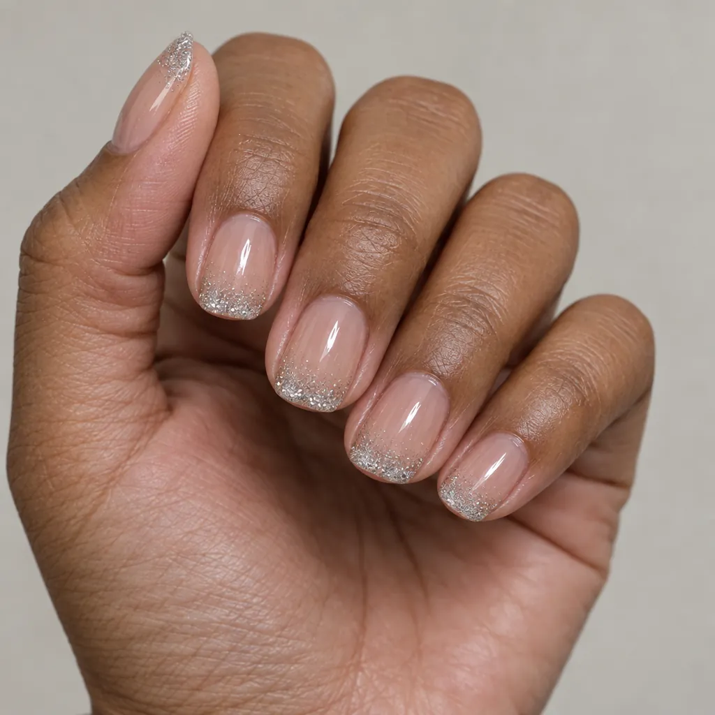 Short squoval nails, a nude base with a silver glitter tip fading softly into it, on warm brown skin.