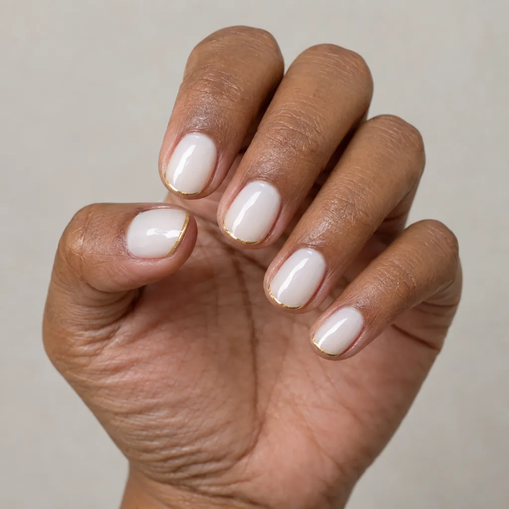 Short round nails in milky white with a fine gold line tracing the free edge, on warm brown skin.