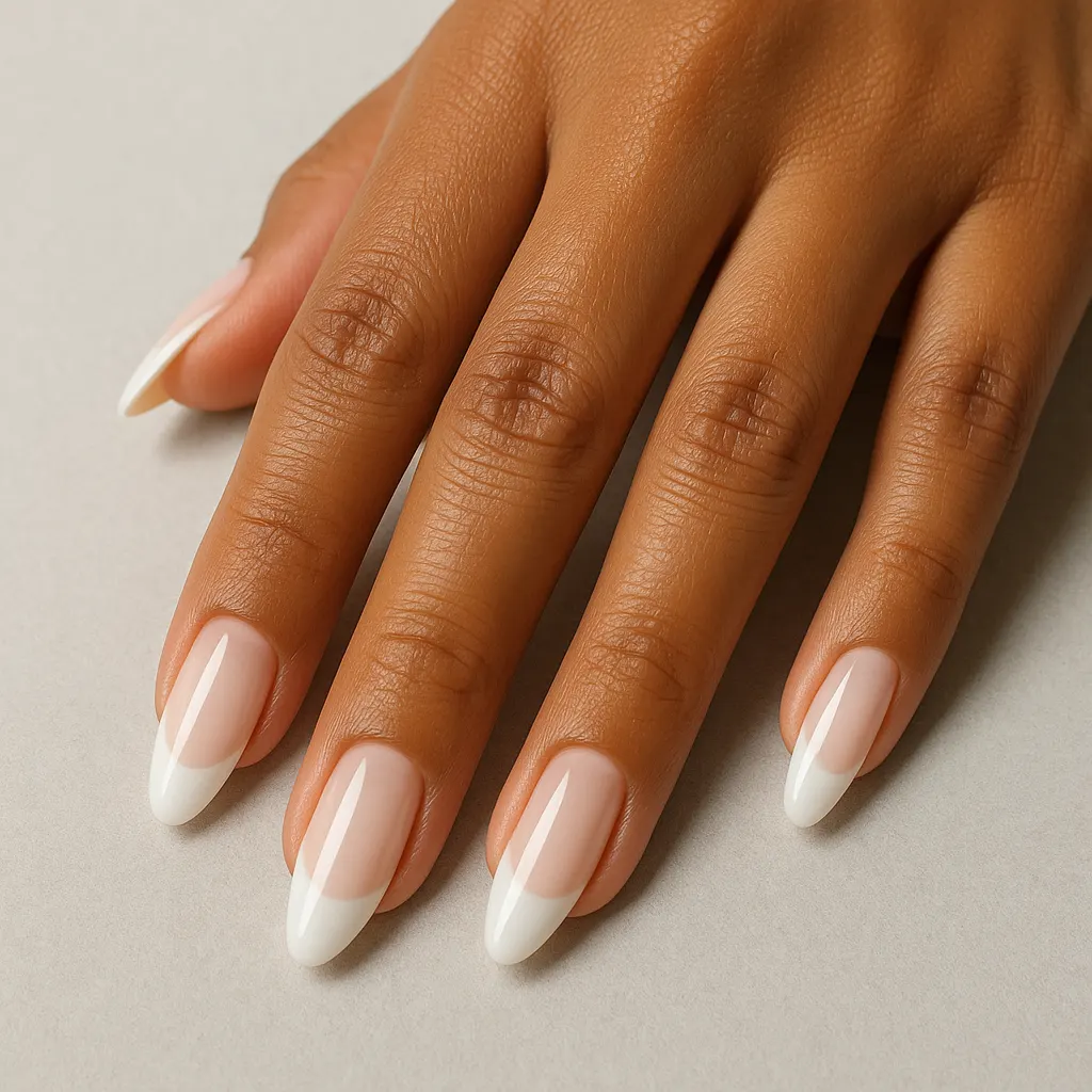 Medium almond nails in a sheer milky base with a brighter white tip, on morena skin against a light grey background.