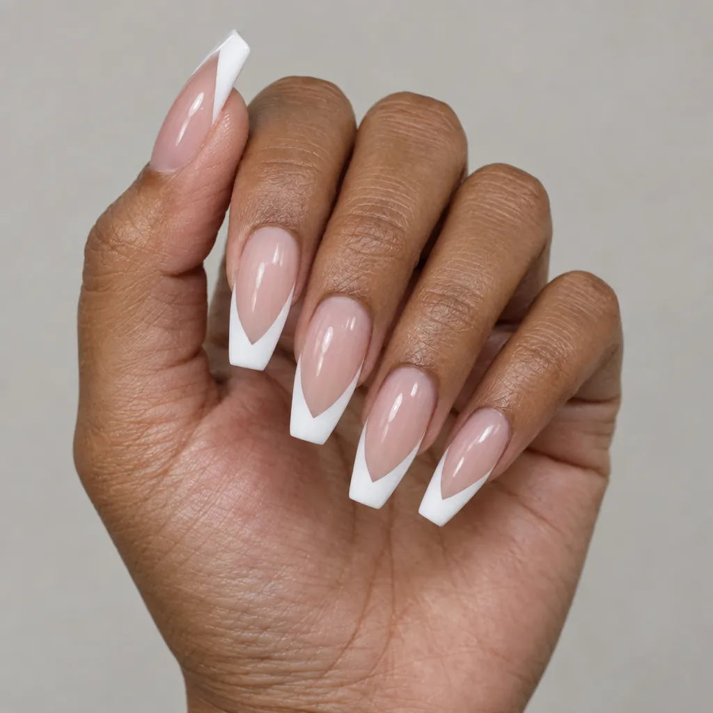 Long coffin nails with a white tip cut to a soft V pointing down the nail, on warm brown skin.
