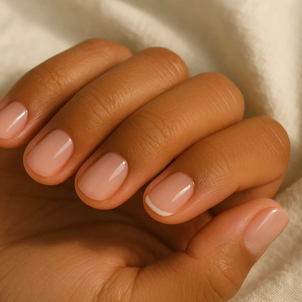 Short squoval nails in glossy milky pink gel polish with a thin white French line on one nail, on warm tan skin, the hand resting on cream knit.