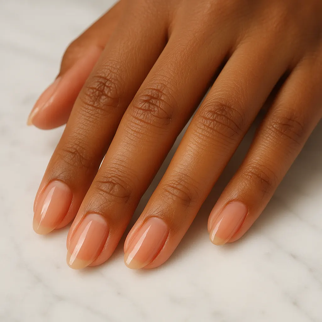 Medium almond natural nails in sheer glossy peach jelly gel polish, on morena skin, the hand resting on white marble.