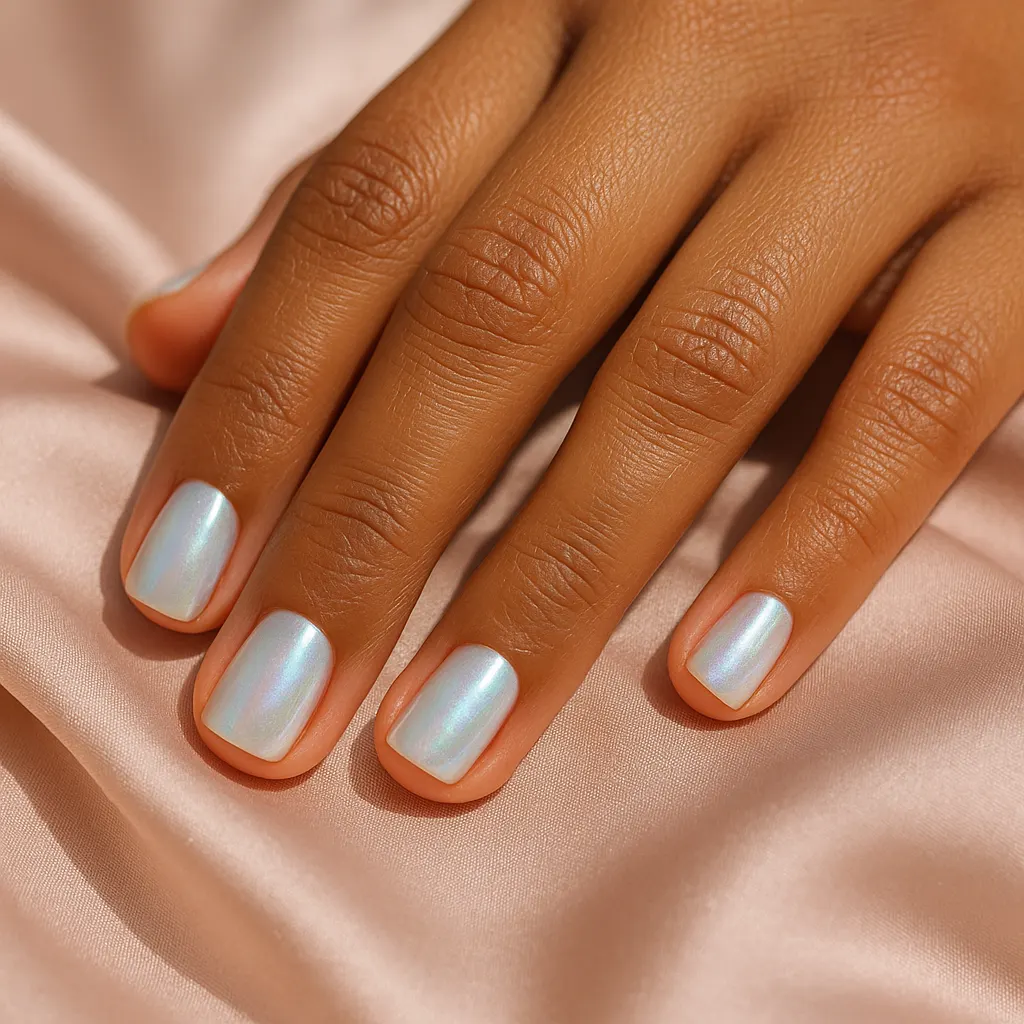 Short square nails in pearly white glazed chrome gel with a soft rainbow sheen, on warm brown skin over blush satin.
