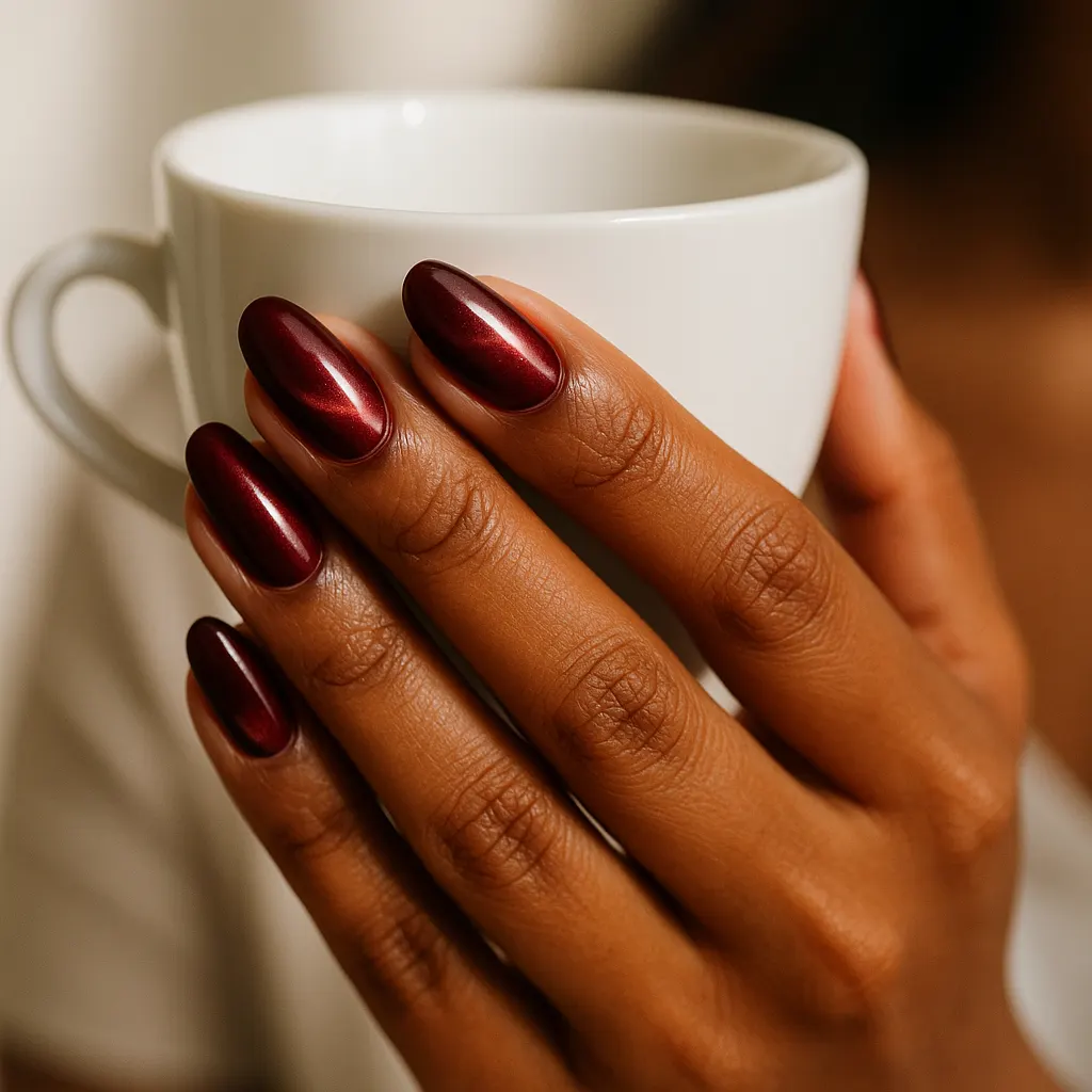 Medium almond nails in deep burgundy cat eye gel with a bright band of light across each nail, on kayumanggi skin, the fingers around a white cup.