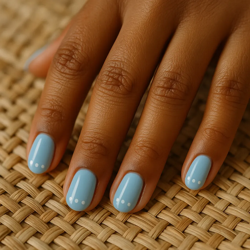 Short round nails in pastel baby blue gel with three tiny white dots near each tip, on warm brown skin over a woven rattan mat.