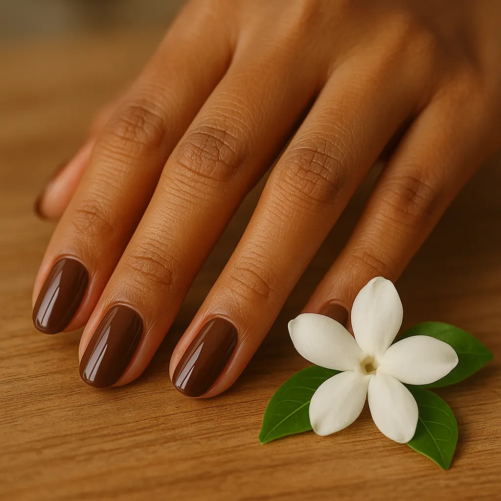 Medium oval nails in glossy chocolate brown gel polish on warm tan skin, beside a sampaguita bloom on a wooden table.