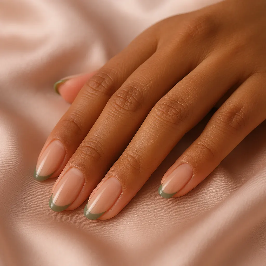 Medium almond natural nails in sheer nude gel with thin muted sage green French tips, on warm tan skin, the hand on blush satin.