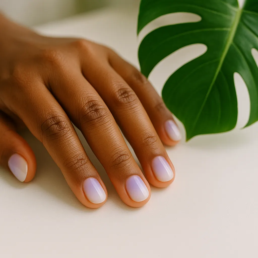 Short round natural nails in aura gel, a soft lavender glow in the centre of each nail fading to white at the edges, on kayumanggi skin, the hand beside a monstera leaf on a white table.