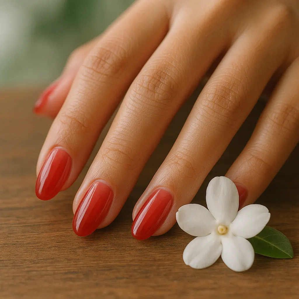 Medium almond natural nails in sheer glossy red jelly gel polish, on light mestiza skin, the hand beside a sampaguita bloom on a wooden table.